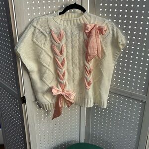 Chic Cream Sweater with Pink Ribbon Details